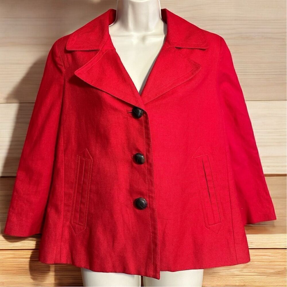 Talbots Women's Vibrant Red Cropped Swing Coat 3/4 Sleeve Button-Up Jacket